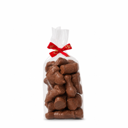 Zakje van 300 g met chocoladen Sintfiguurtjes in melkchocolade, afgewerkt met rood Sintlint