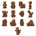 Overzicht van de chocoladen figuurtjes van 't Suykerbootje: Sinterklaas, hond, leeuw, nijlpaard, beer, uil, ...