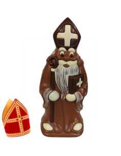 Ingekleurde Sint in Melkchocolade met boek in zijn hand. 24cm