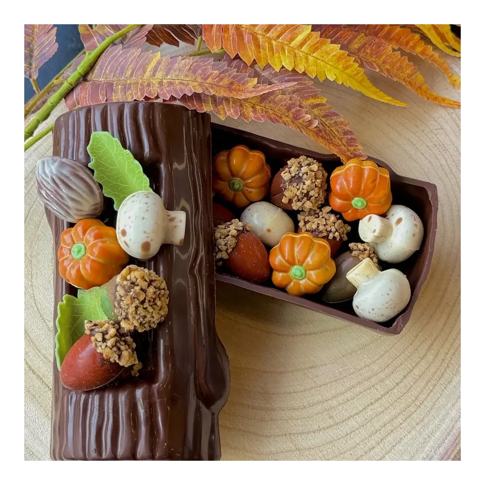 Chocoladestronk met herfstpralines, afgewerkt met eikel, pompoen en paddenstoel