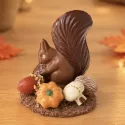 Eekhoorn in chocolade met herfstpralines: eikel, pompoen, paddenstoel en kastanje op een chocoladeplaatje