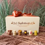 Ballotin met zoodiertjes in chocolade van 't Suykerbootje, met olifant, nijlpaard, leeuw en luipaard