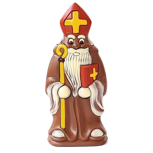 Sint met staf en boek ingekleurd sint figuur, rood en geel - melkchocolade