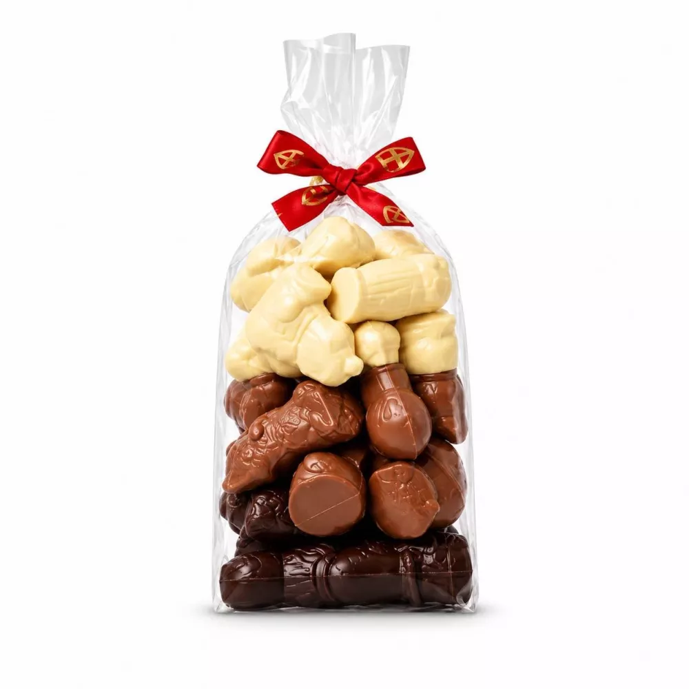 Zak met 300g figuurtjes thema sint - wit, melk en pure chocolade
